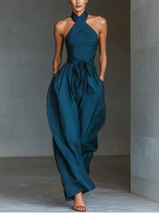 Marineblauer Cross-Back Jumpsuit mit weitem Bein und praktischen Seitentaschen
