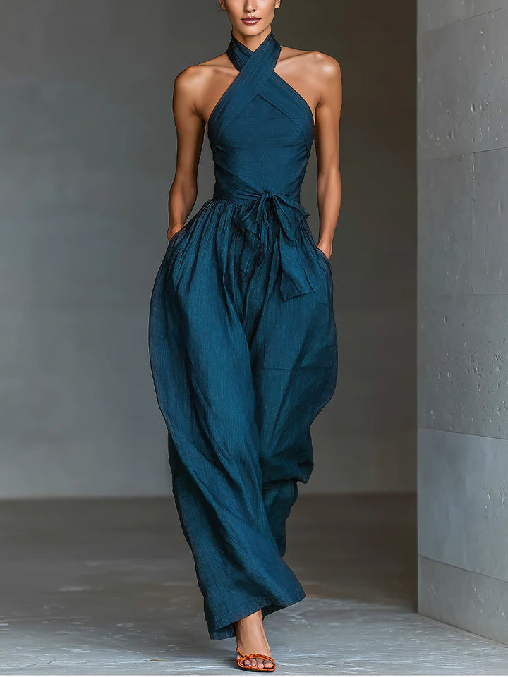 Marineblauer Cross-Back Jumpsuit mit weitem Bein und praktischen Seitentaschen