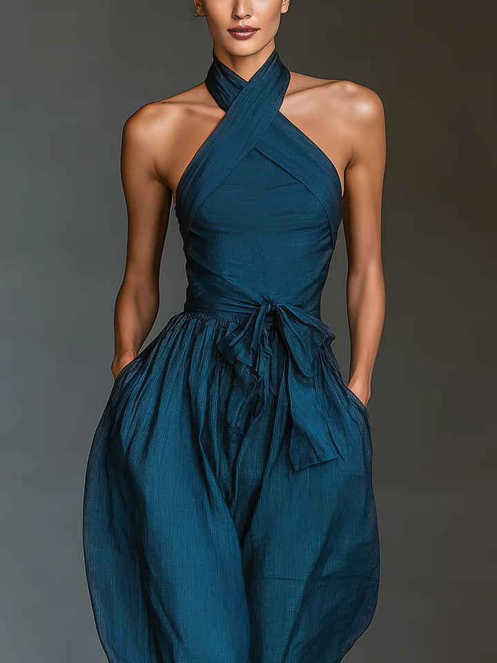Marineblauer Cross-Back Jumpsuit mit weitem Bein und praktischen Seitentaschen