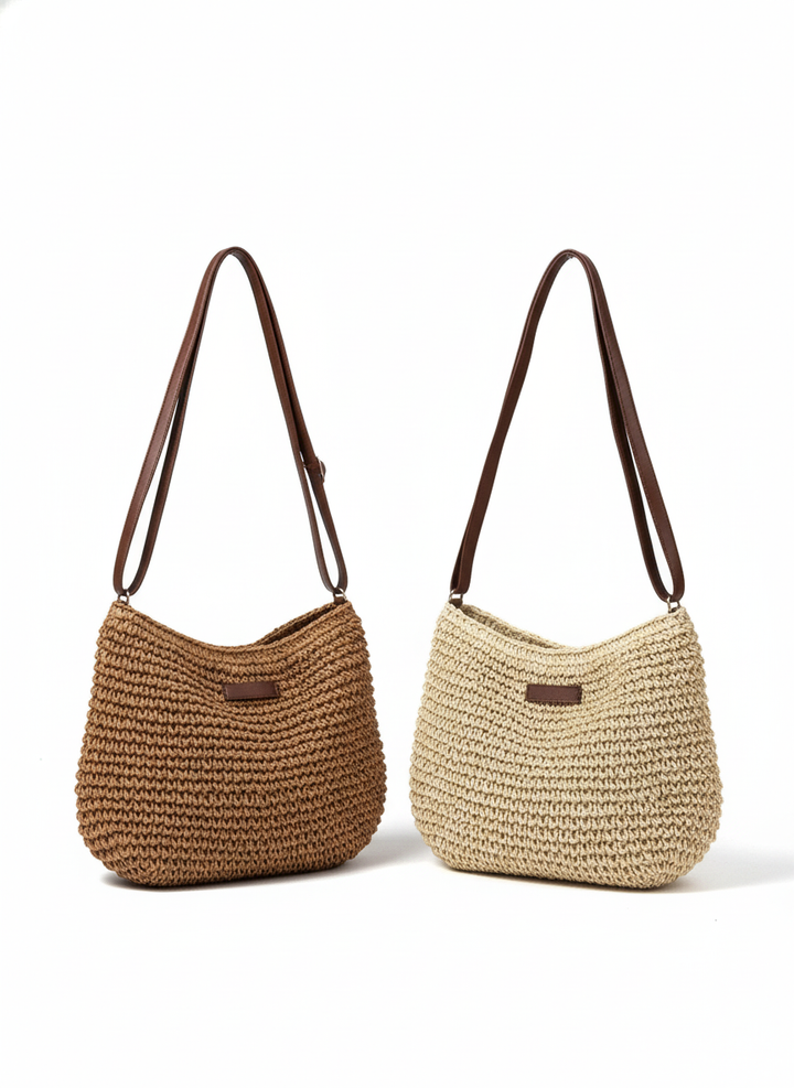 WEISS | Stroh Schultertasche" can be rewritten as "WEISS | Straw Shoulder Bag.