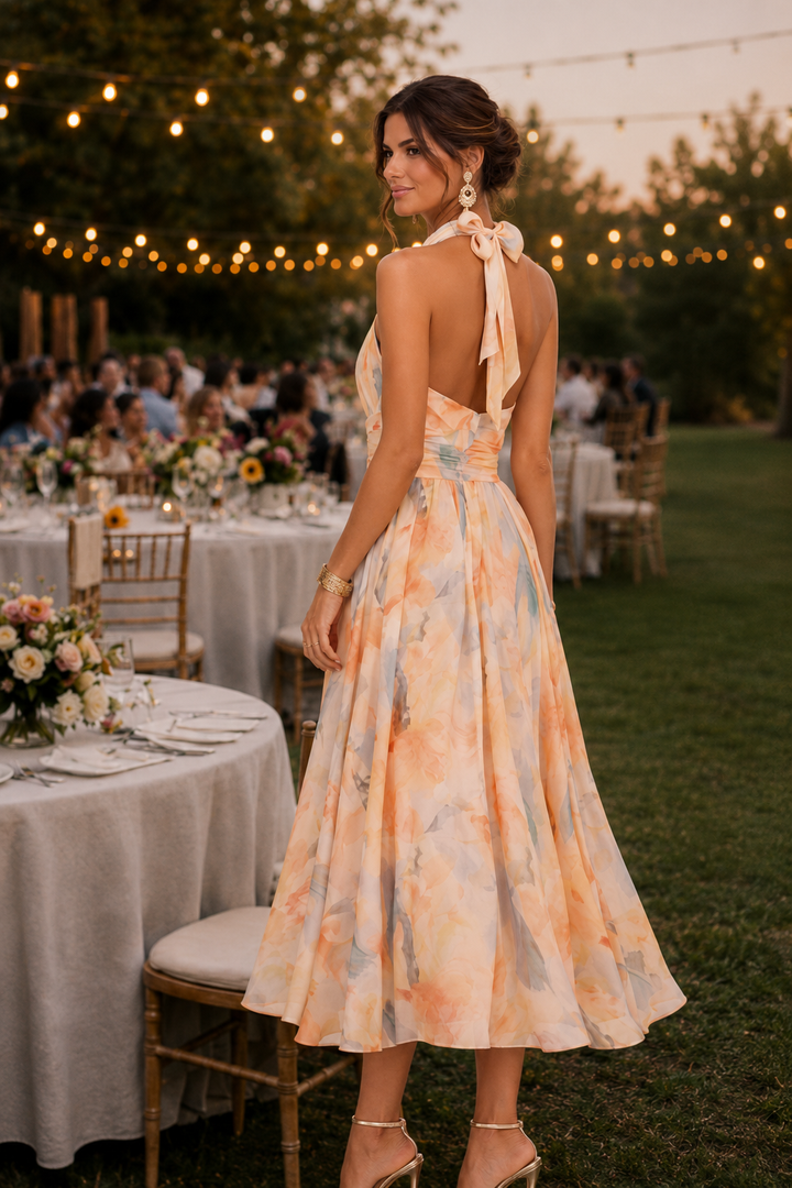 Aurora™ | Aquarell-Print Bauchkaschierendes Halterkleid