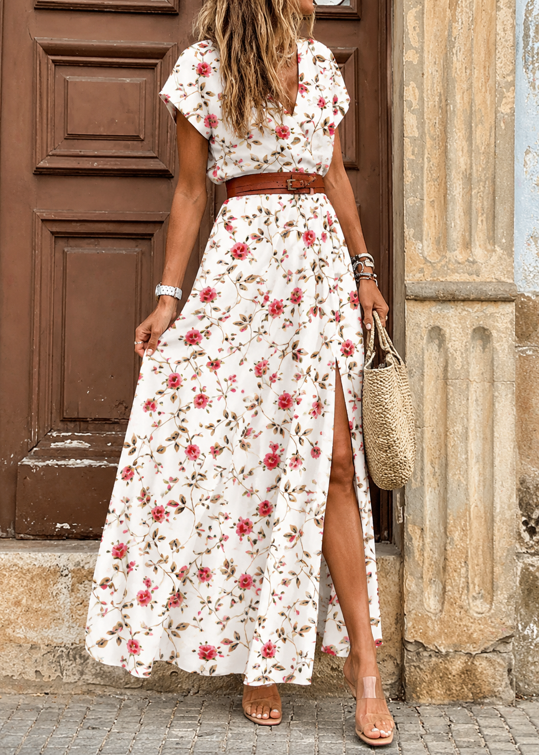 Sarisa™ | Blumenmuster Maxi-Kleid mit Bauchkaschierung und Gürtel