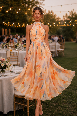 Aurora™ | Aquarell-Print Bauchkaschierendes Halterkleid