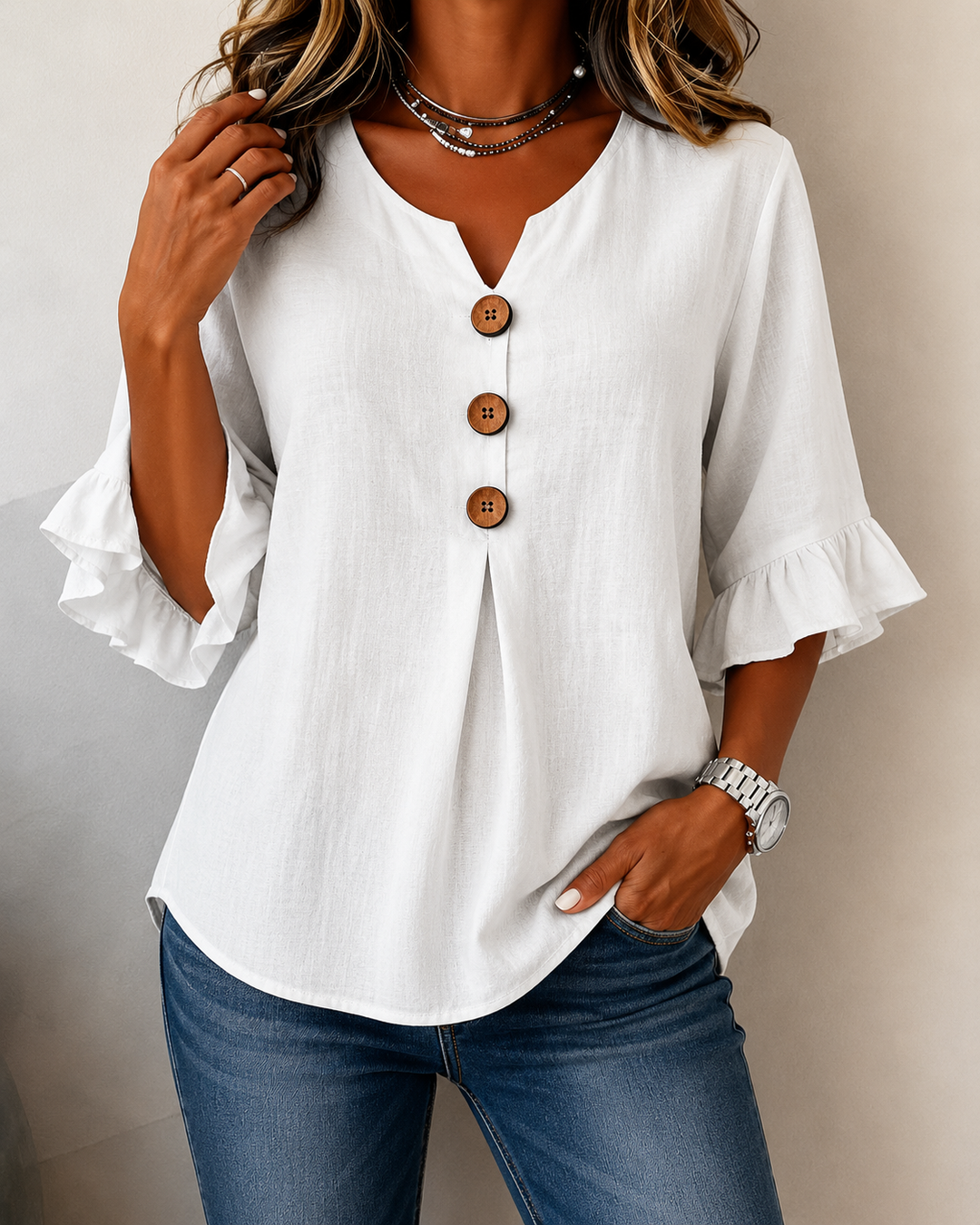 Amelie™ | Bauchbedeckende Bluse mit Knopfdetails