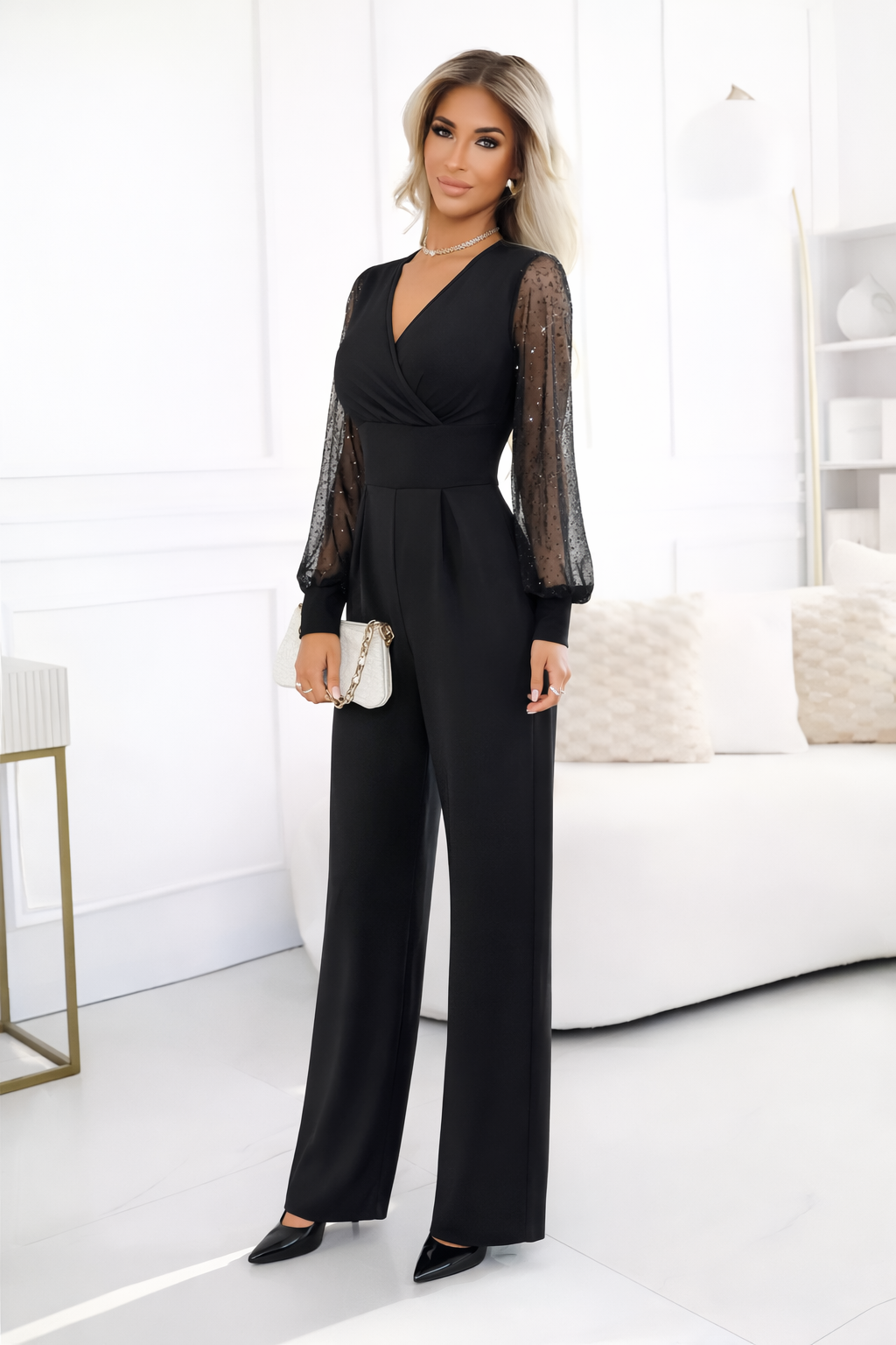 Iris™ | V-Neck Jumpsuit with Glittery Sleeves