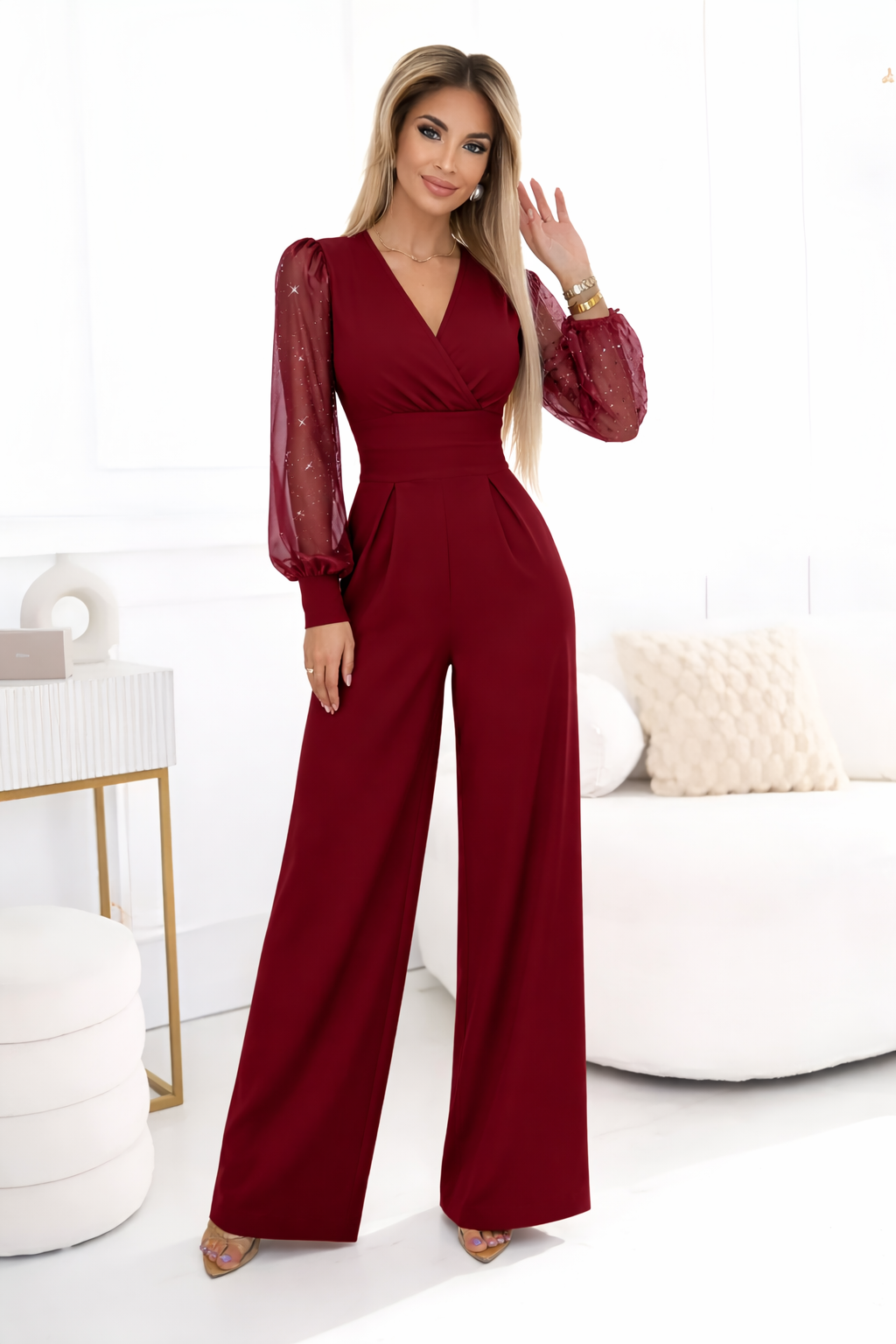 Iris™ | V-Neck Jumpsuit with Glittery Sleeves