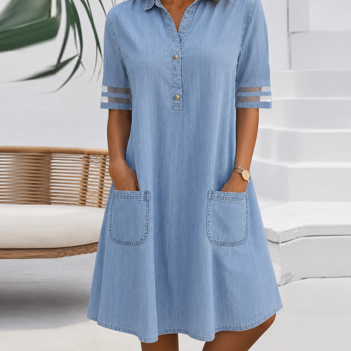 Brittany™ | Figurumschmeichelndes Denim-Look Blusenkleid