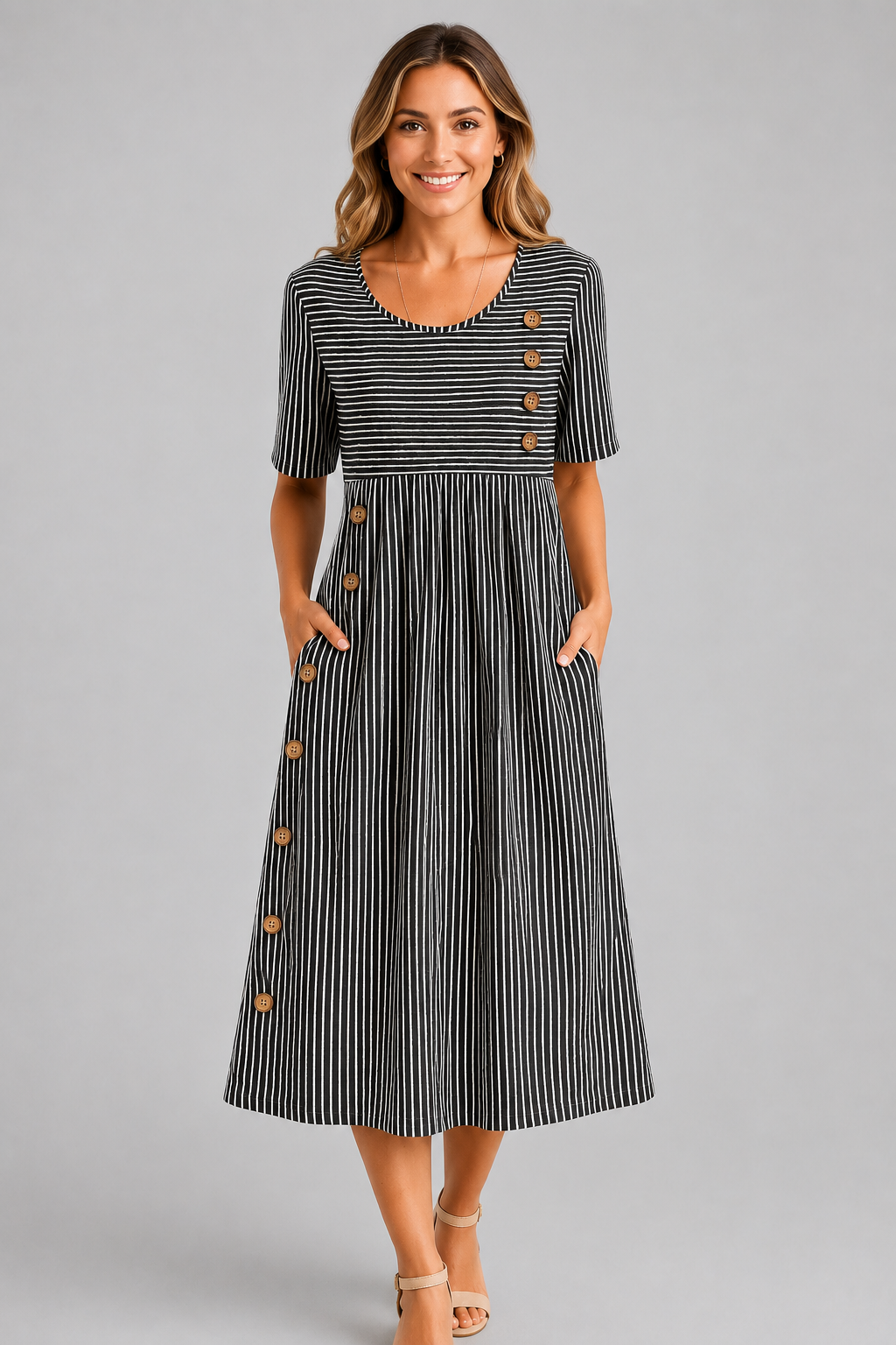 Ismay™ | Streifen-Midi-Kleid mit Bauch-Optimierung