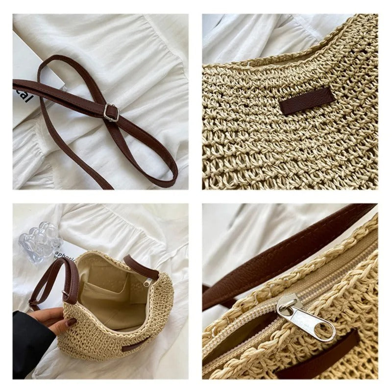 WEISS | Stroh Schultertasche" can be rewritten as "WEISS | Straw Shoulder Bag.