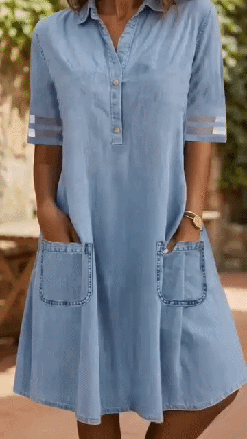 Brittany™ | Figurumschmeichelndes Denim-Look Blusenkleid
