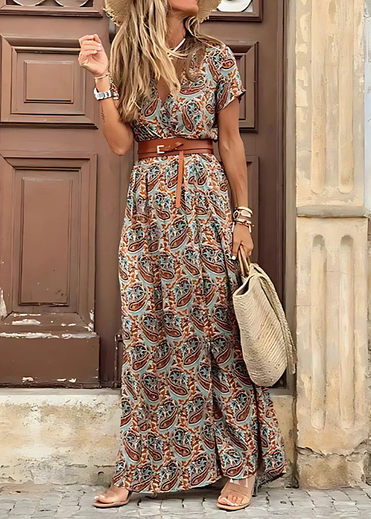 Sarisa™ | Blumenmuster Maxi-Kleid mit Bauchkaschierung und Gürtel